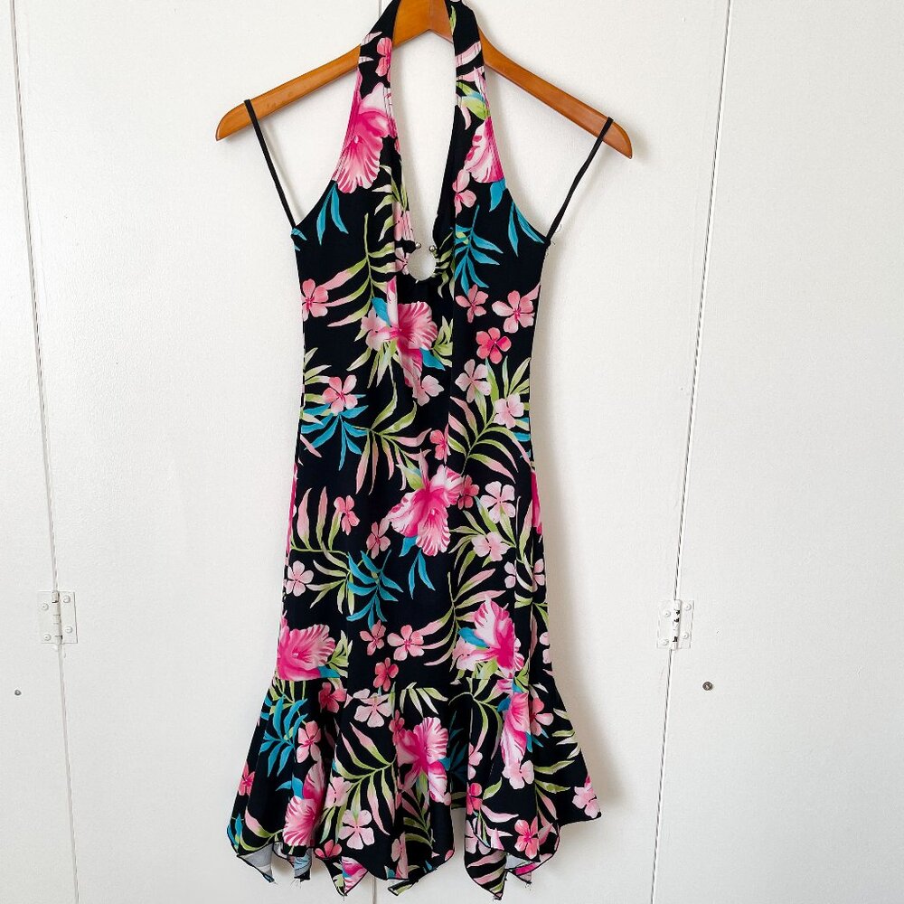 Vintage Y2K Tropical Floral Halter Midi Dress Handkerchief Hem, Sz Medium